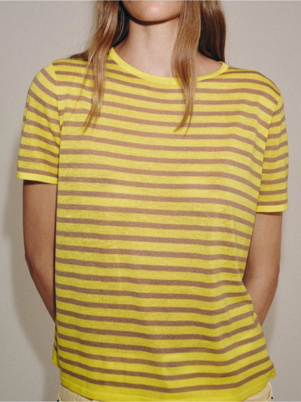 Zara Yellow and tan Striped Short Sleeve Tee